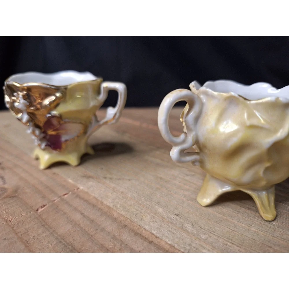 Vintage Footed Lusterware Porcelain Teacups Gold Gilt 3D Floral Applique Set / 2